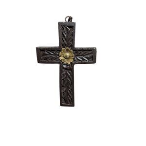 Vintage Hand-Carved Wooden Cross With Floral Brass Accent & Leather Strap